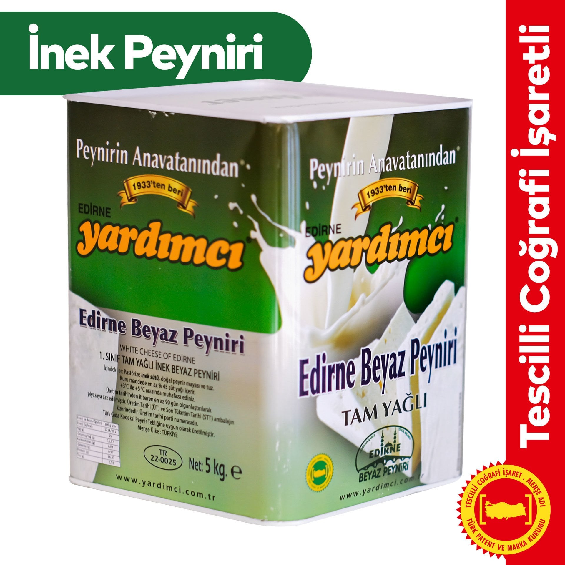 Edirne Beyaz Peyniri Tam Yağlı Sert İnek 5kg Teneke (Orta Sert)