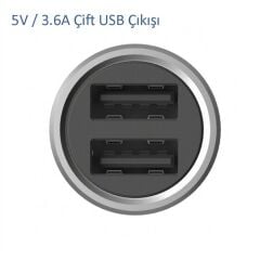 Xiaomi Araç Şarj Cihazı Gri Metal Tasarım 2 USB (3.6A Hızlı Şarj)