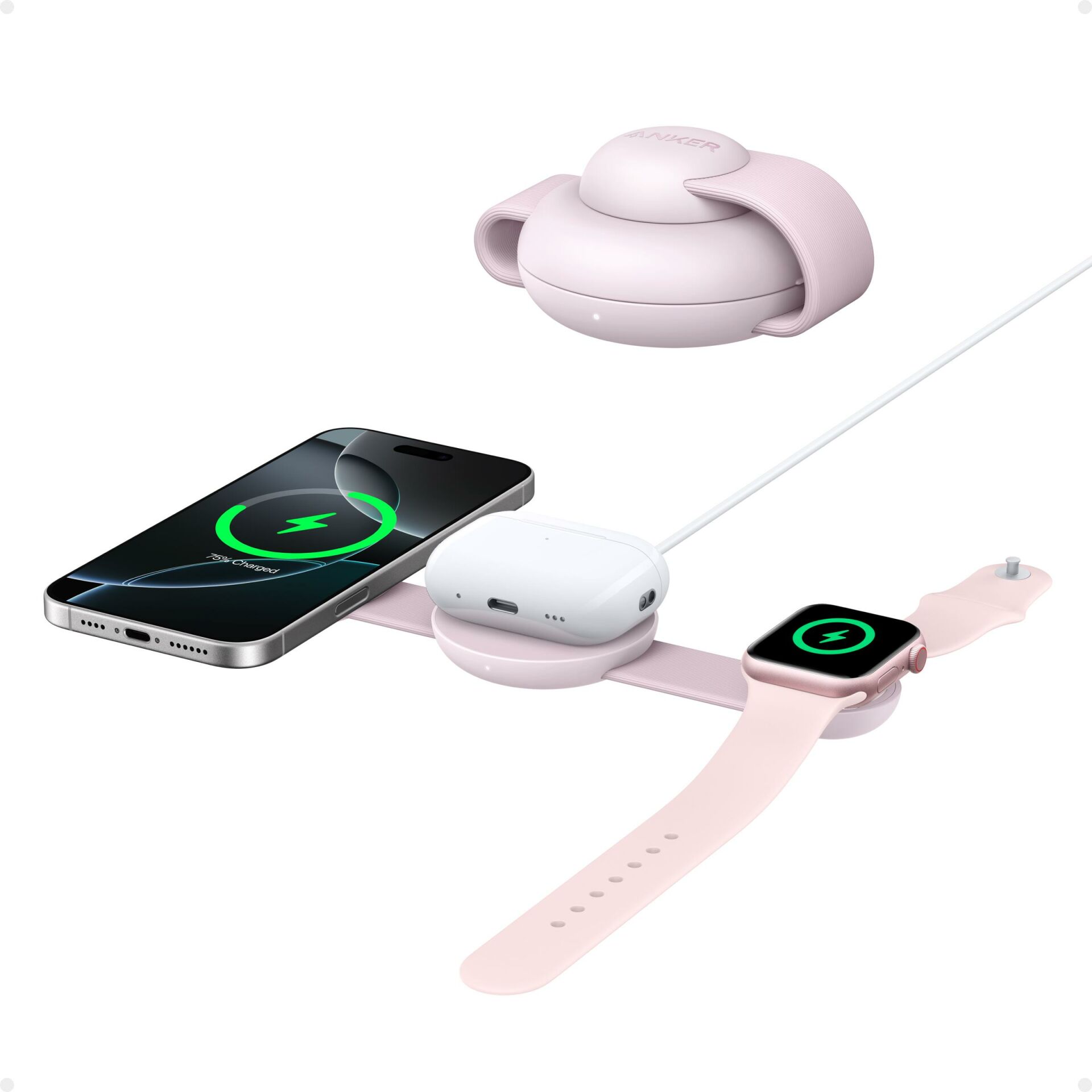 Anker MagGo 3in1 Kablosuz Katlanır Şarj - Pembe - B25M8