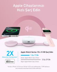 Anker MagGo 3in1 Kablosuz Katlanır Şarj - Pembe - B25M8