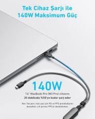 Anker 2’si 1 Arada USB-C'den USB-C’ye Örgülü Kablo (1.2m, 140W) - A8895