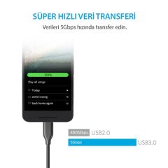 Anker Powerline+ USB-C to USB 3.0 Şarj/Data Kablosu 0.9 Metre - Siyah - Taşıma Çantalı