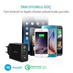 ANKER PowerPort+1 QuickCharge 3.0 Hızlı Şarj Cihazı ve ANKER 0.9 Mt Micro USB Kablo