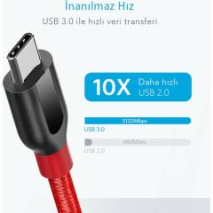 Anker PowerLine+ USB-C to USB 3.0 Type-C Örgülü Şarj/Data Kablosu 0.9 Metre - Kırmızı - Taşıma Çantalı
