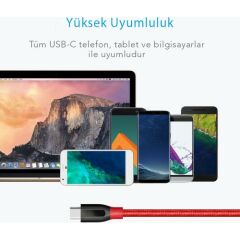 Anker PowerLine+ USB-C to USB 3.0 Type-C Örgülü Şarj/Data Kablosu 0.9 Metre - Kırmızı - Taşıma Çantalı