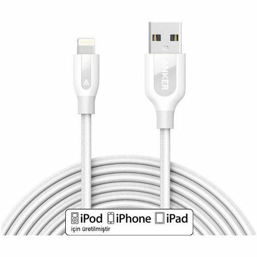 ANKER Powerline+ Lightning 3 Metre Örgülü iPhone Şarj/Data Kablosu  MFI Lisanslı- Beyaz