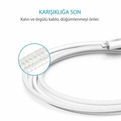 ANKER Powerline+ Lightning 3 Metre Örgülü iPhone Şarj/Data Kablosu  MFI Lisanslı- Beyaz