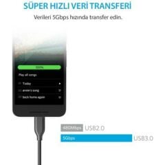 ANKER Powerline USB-C to USB 3.0 Type-C Şarj 0.9 Metre - Siyah
