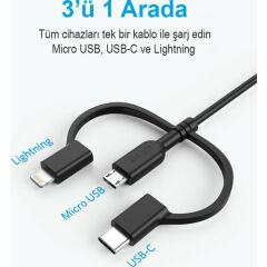 Anker Powerline II 3in1 Lightning + Type-C + Micro USB to USB 2.0 Dayanıklı MFI Lisanslı Data ve Şarj Kablosu 0.9M