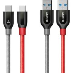 Anker Powerline+ USB Type C USB 3.0 Şarj/Data Kablosu 0.9 Metre - İkili Paket - Siyah/Kırmızı - Taşıma Çantalı -B82650A2- ONP