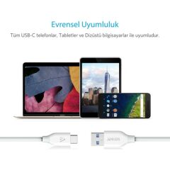 Anker Powerline USB Type C to USB 3.0 Şarj/Data Kablosu 0.9 Metre - Beyaz - A8163G21- OFP