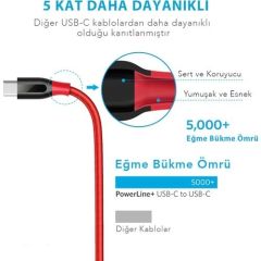 Anker PowerLine+ USB Type C USB 3.0 Örgülü Şarj/Data Kablosu 0.9 Metre - Kırmızı - Taşıma Çantalı  -A8168091 - ONP