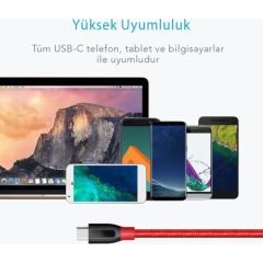 Anker PowerLine+ USB Type C USB 3.0 Örgülü Şarj/Data Kablosu 0.9 Metre - Kırmızı - Taşıma Çantalı  -A8168091 - ONP