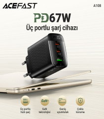 Acefast PD67W Destekli (2xUsb-C+1xUsb-A) Çıkışlı Hızlı Şarj Cihazı - A108