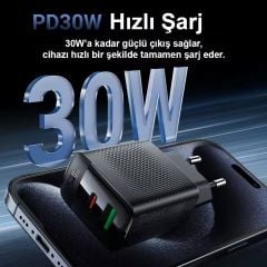 Acefast PD30W Güç Destekli GAN (1xUsb-C + 1xUsb-A) Çıkışlı Hızlı Duvar Şarj Cihazı - A98