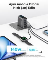 Anker Laptop Şarj Cihazı (140W, 4 Port, PD 3.1) - Koyu Gri - A2697
