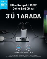 Anker Prime 100W 3 Ports GaNPr Şarj Cihazı -A2688