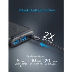 Anker PowerCore II 20000 mAh Taşınabilir Şarj Aleti Powerbank - Çift USB Çıkışlı - PowerIQ 2.0 (18W 'a Kadar Çıkış Gücü ) - Siyah - A1260H11 - OFP