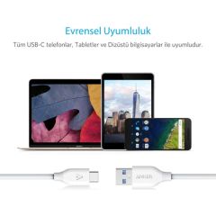 Anker Powerline USB-C to USB 3.0 Type-C Şarj/Data Kablosu 0.9m Beyaz