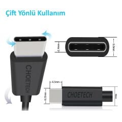 Choetech USB-C to USB-A Data ve Şarj Kablosu - 2 Metre - AC0003 - Siyah