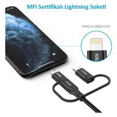 Choetech 3in1 Lightning + USB-C + Micro USB Hızlı Şarj ve Data Kablosu - Apple MFI Lisanslı - IP0030 - Siyah