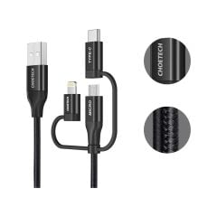 Choetech 3in1 Lightning + USB-C + Micro USB Hızlı Şarj ve Data Kablosu - Apple MFI Lisanslı - IP0030 - Siyah