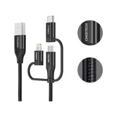 Choetech 3in1 Lightning + USB-C + Micro USB Hızlı Şarj ve Data Kablosu - Apple MFI Lisanslı - IP0030 - Siyah