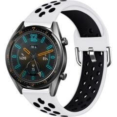 Case 4U Huawei Watch GT2 46 mm Delikli Spor Renkli Silikon Kordon Beyaz - Siyah