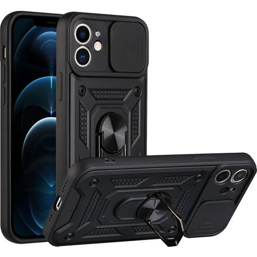 Case 4U Apple iPhone 11 Kılıf Kamera Korumalı Sürgülü Vega Yüzüklü Armor Military Tank Zırh Siyah