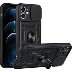 Case 4U Apple iPhone 11 Kılıf Kamera Korumalı Sürgülü Vega Yüzüklü Armor Military Tank Zırh Siyah