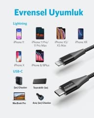Anker PowerLine+ II USB-C To iPhone Lightning 1.8m Şarj Kablosu Siyah A8653