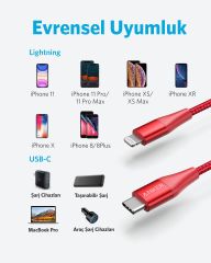 Anker PowerLine+ II USB-C To iPhone Lightning 1.8m Şarj Kablosu Kırmızı A8653