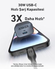 Anker 511 Nano USB-C 30W Şarj Cihazı Siyah - A2337