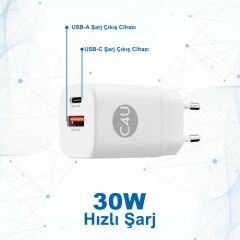 Case 4U 2 Portlu Type-C + USB-A Çıkışlı 30W Şarj Cihazı - BAT30