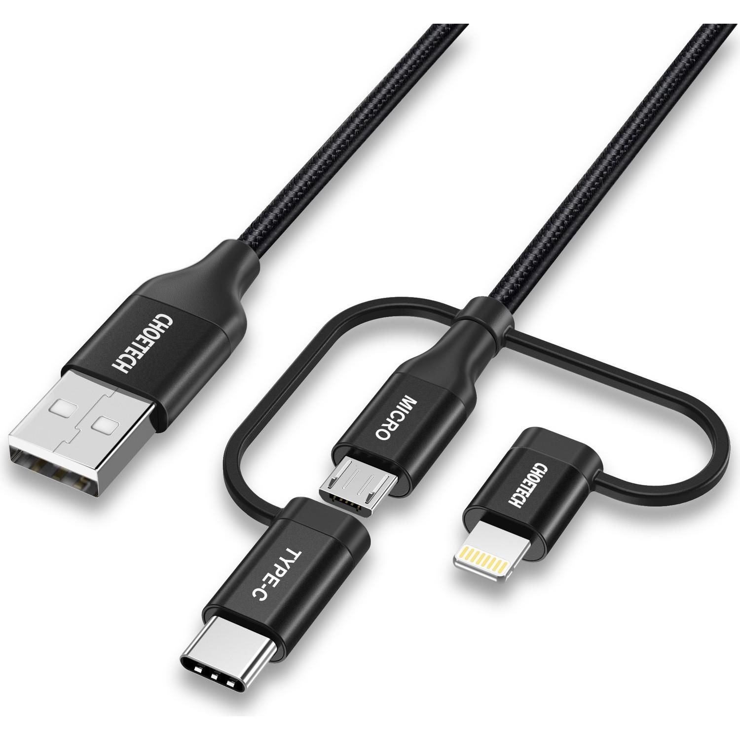 Choetech 3in1 Lightning + USB-C + Micro USB Hızlı Şarj ve Data Kablosu - Apple MFI Lisanslı - IP0030 - Siyah