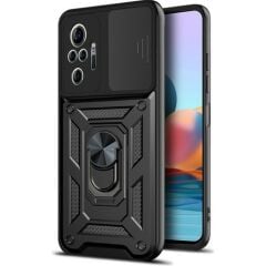 Case 4U Xiaomi Redmi Note 10 Pro Kılıf Kamera Korumalı Sürgülü Vega Yüzüklü Armor Military Tank Zırh Siyah