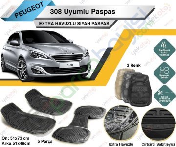 Peugeot 308 Uyumlu Extra Havuzlu Kesilebilir Siyah Paspas