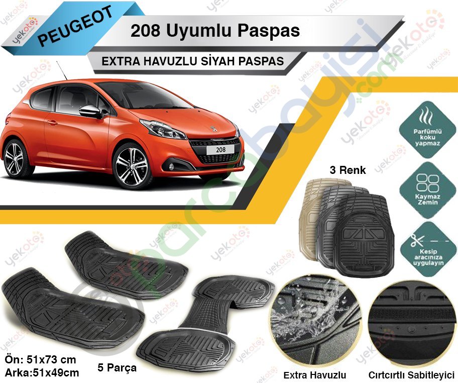 Peugeot 208 Uyumlu Extra Havuzlu Kesilebilir Siyah Paspas