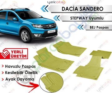 Dacia Sandero Stepway Uyumlu Havuzlu Kesilebilir Bej Paspas