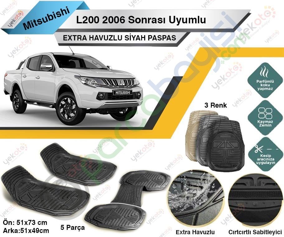 Mitsubishi L200 2006 Sonrası Uyumlu Extra Havuzlu Kesilebilir Siyah Paspas