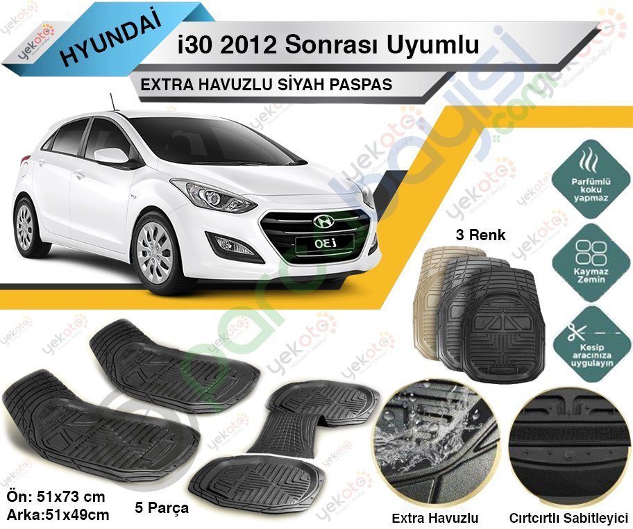 Hyundai İ30 2012 Sonrası Uyumlu Extra Havuzlu Kesilebilir Siyah Paspas