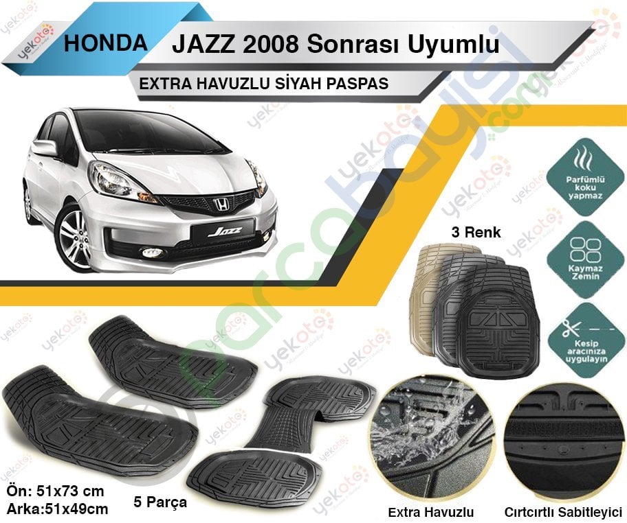 Honda Jazz 2008 Sonrası Uyumlu Extra Havuzlu Kesilebilir Siyah Paspas