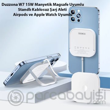 Duzzona W7 15W Manyetik Magsafe Uyumlu Standlı Kablosuz Şarj Aleti-Airpods ve Apple Watch Uyumlu