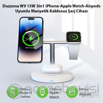 Duzzona W9 15W 3in1 iPhone-Apple Watch-Airpods Uyumlu Manyetik Kablosuz Şarj Cihazı