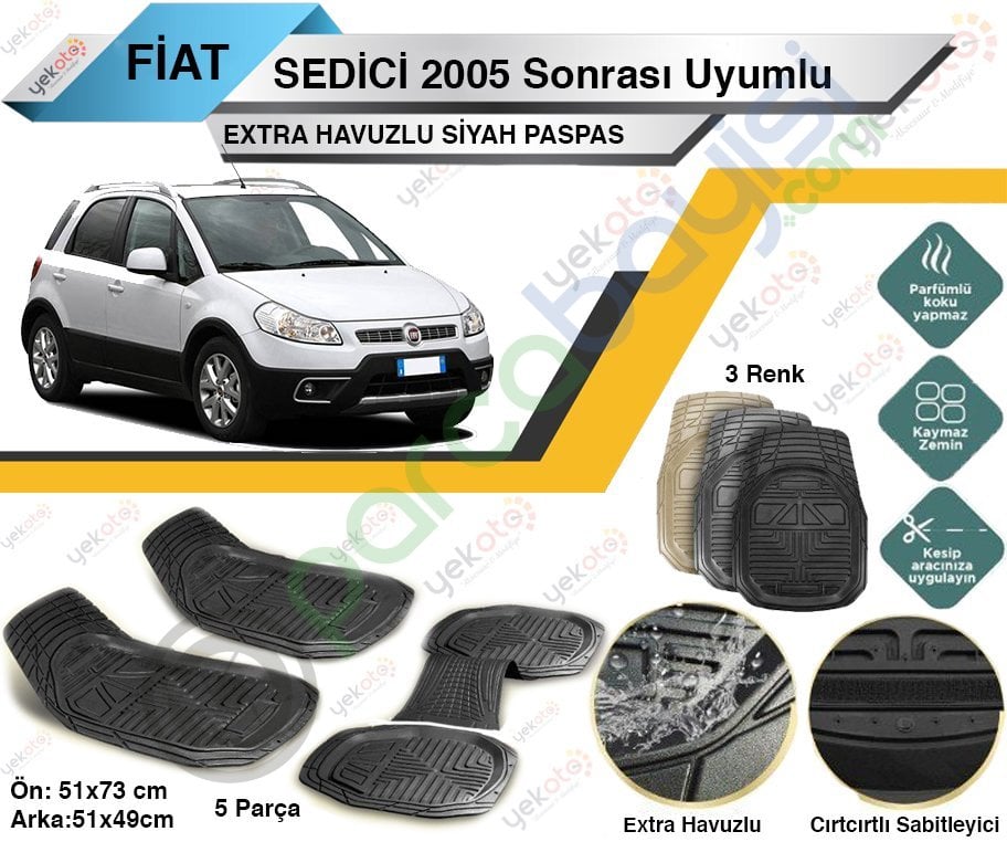 Fiat Sedici 2005 Sonrası Uyumlu Extra Havuzlu Kesilebilir Siyah Paspas