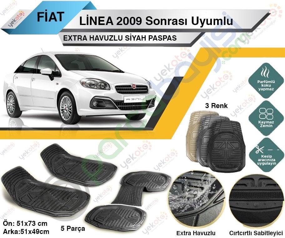 Fiat Linea 2009 Sonrası Uyumlu Extra Havuzlu Kesilebilir Siyah Paspas