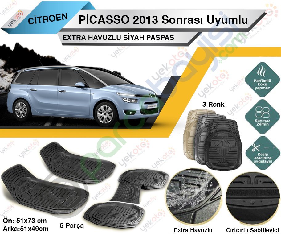 Citroen C4 Picasso 2013 Sonrası Uyumlu Extra Havuzlu Kesilebilir Siyah Paspas