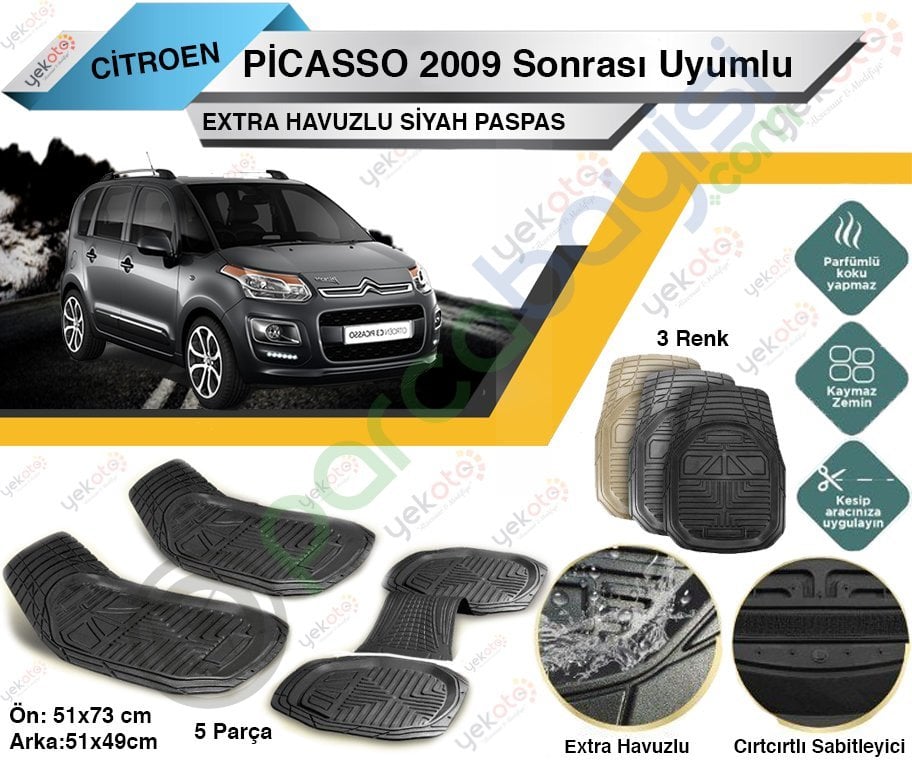 Citroen C3 Picasso 2009 Sonrası Uyumlu Extra Havuzlu Kesilebilir Siyah Paspas