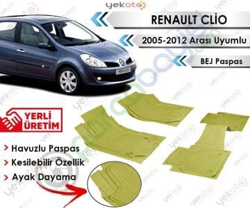 Renault Clio 2005-2012 Arası Uyumlu Havuzlu Kesilebilir Bej Paspas