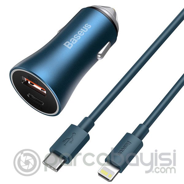 Baseus Golden Contactor Pro 40W USB Type-C Dual Hızlı Araç Şarj Başlık + Type-C to Lightning iPhone